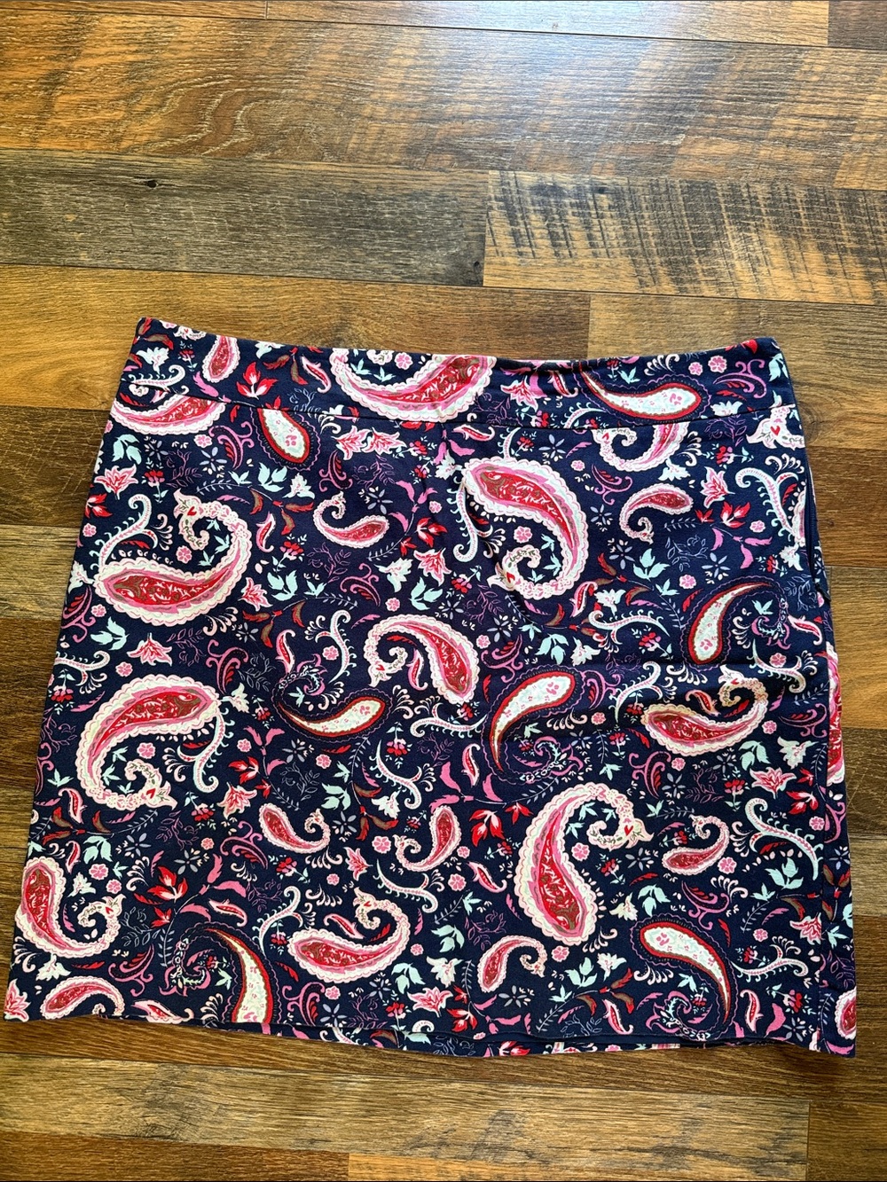 Talbots Navy Paisley Mini Skirt with Pink and Red Accents